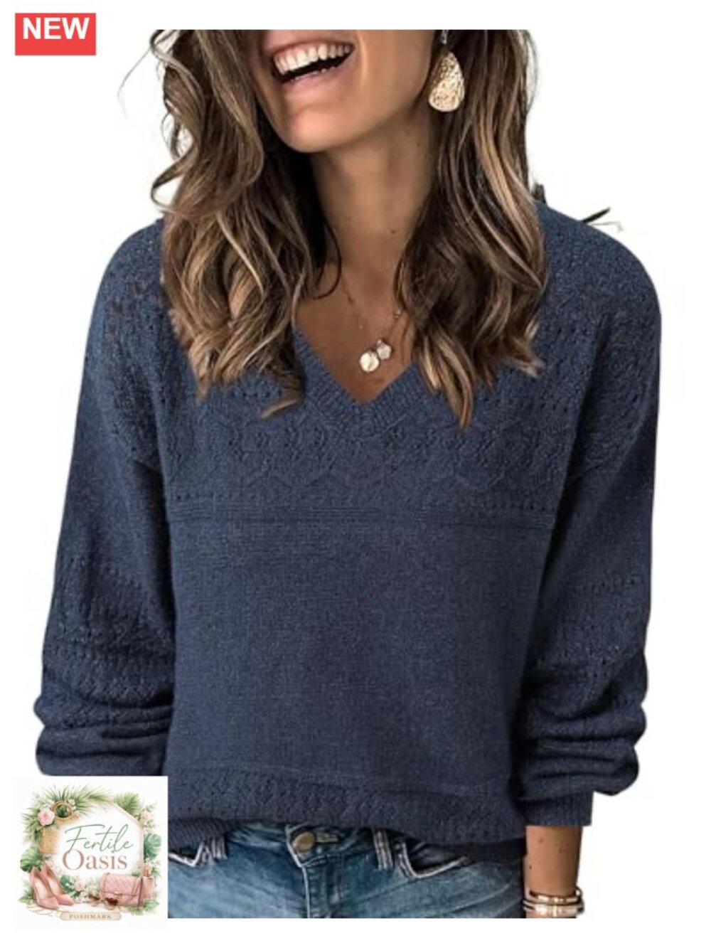 Women's V-Neck Knit Pullover Sweater Long Sleeve Crochet Lantern